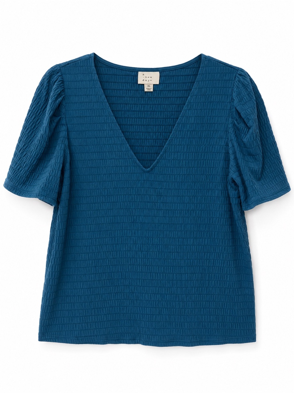 A New Day Teal Smocked Puff Sleeve V-Neck Top Size XL